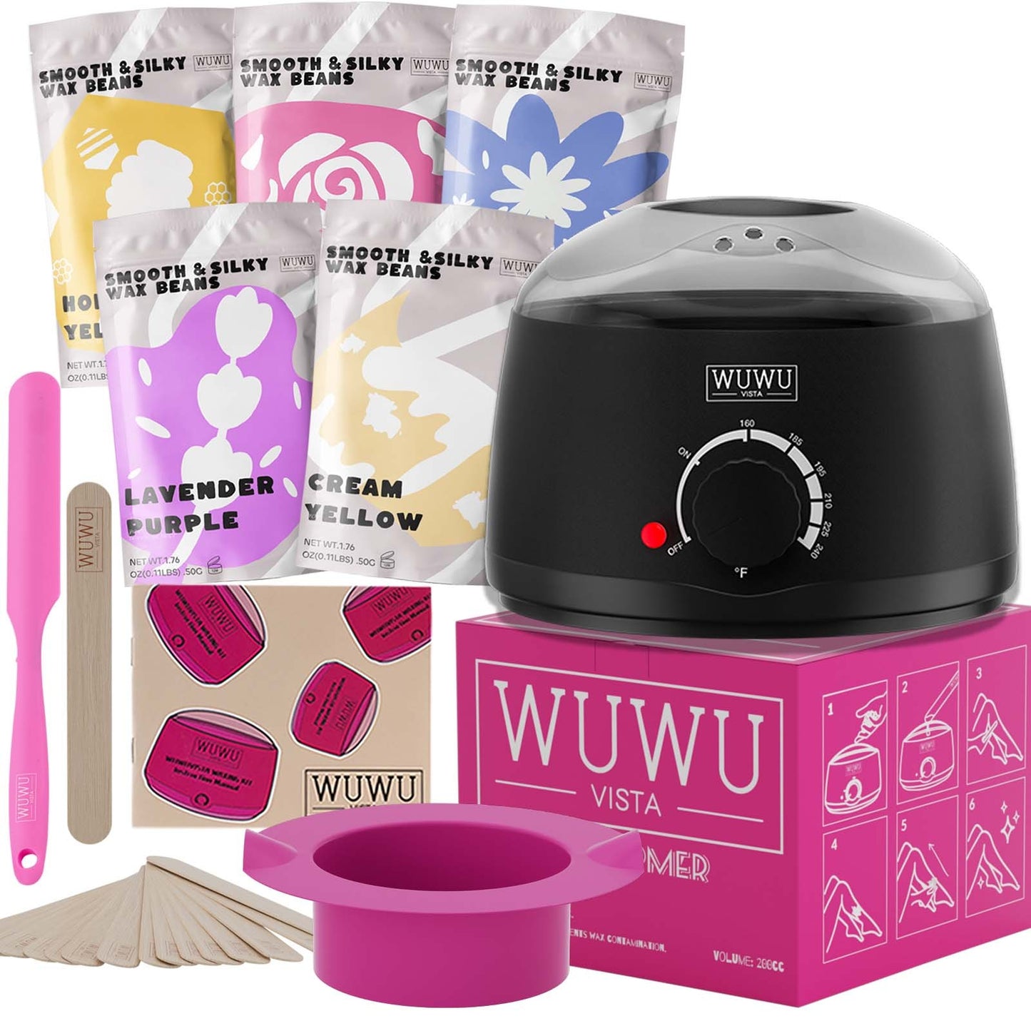 Waxing Kit WUWUVISTA Hair Removal Wax Kit Wax Melt Warmer Waxing Beads For Face, Brazilian, Full Body, Bikini 19 Items