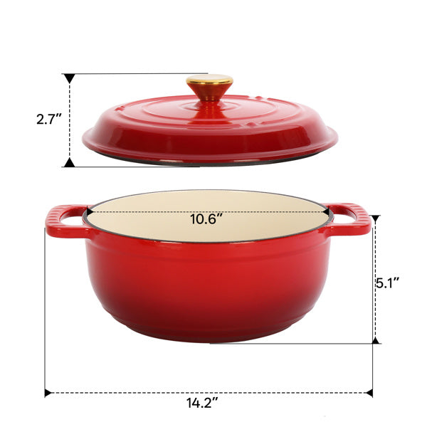 Cast Iron 6QT Cooking Pot - Gradient Red - Includes Two Silicone Gloves - Enamel Pot