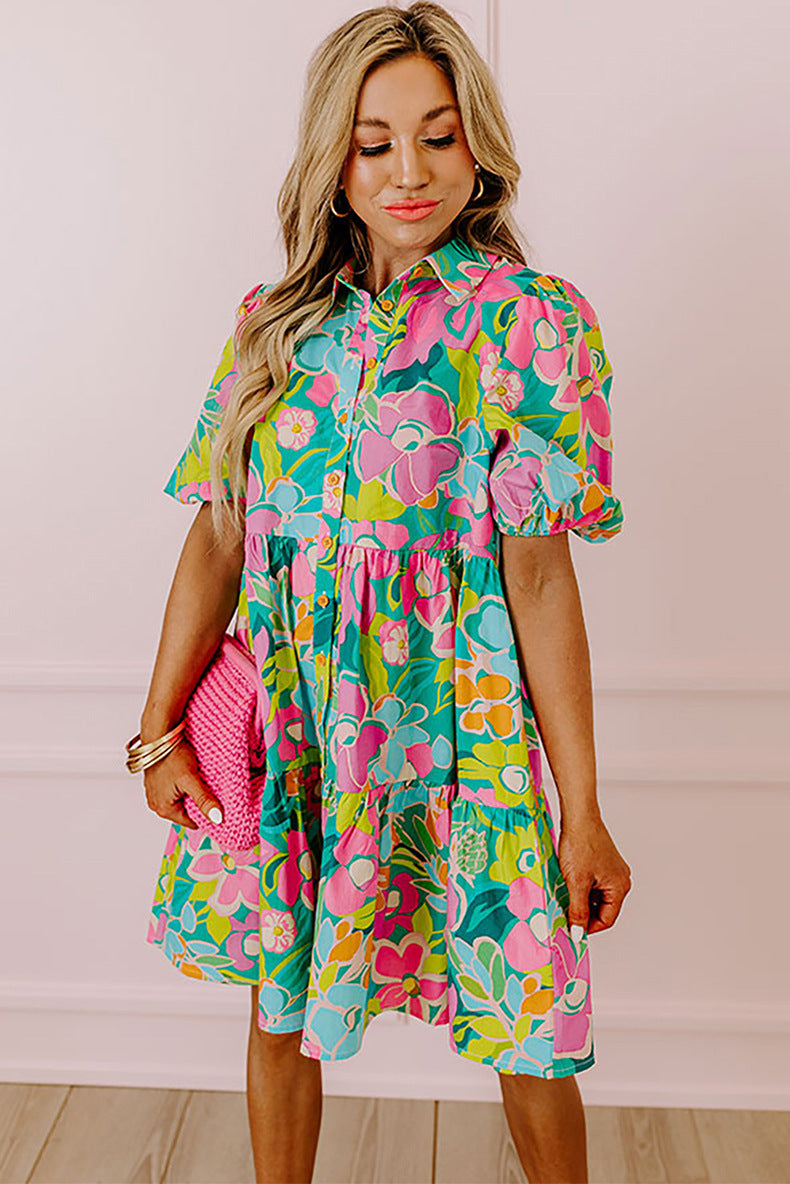 Summer Floral Print Puff Sleeve Dress