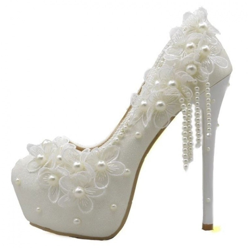 Lace High-heeled Shoes Korean Style, Flower Rhinestone Tassel Bride