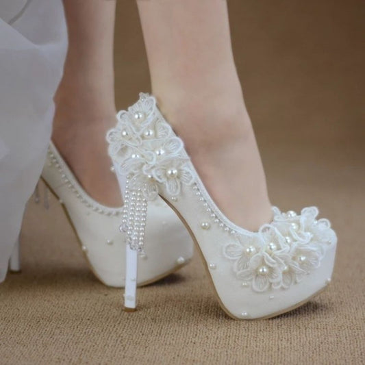 Lace High-heeled Shoes Korean Style, Flower Rhinestone Tassel Bride