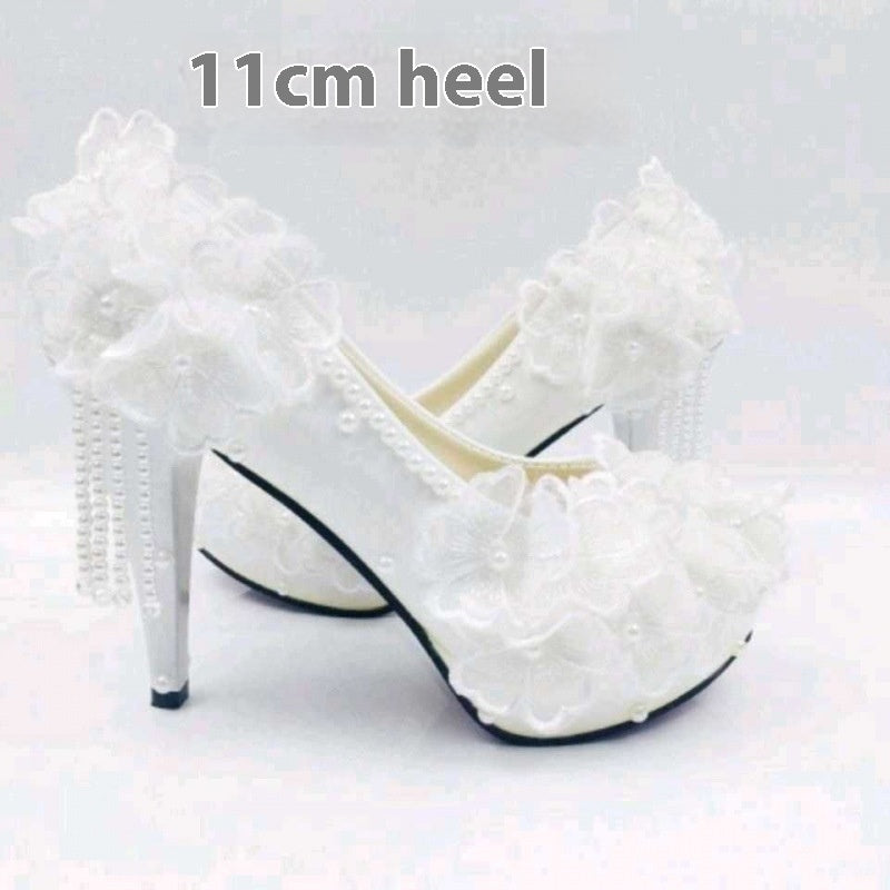 Lace High-heeled Shoes Korean Style, Flower Rhinestone Tassel Bride