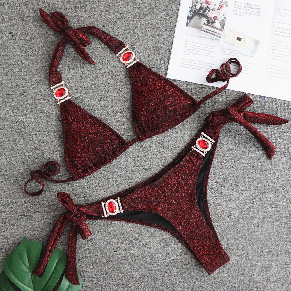 2025 Europe and the United States sexy shiny special fabric swimsuit crystal diamond bikini golden strap ladies swimsuit