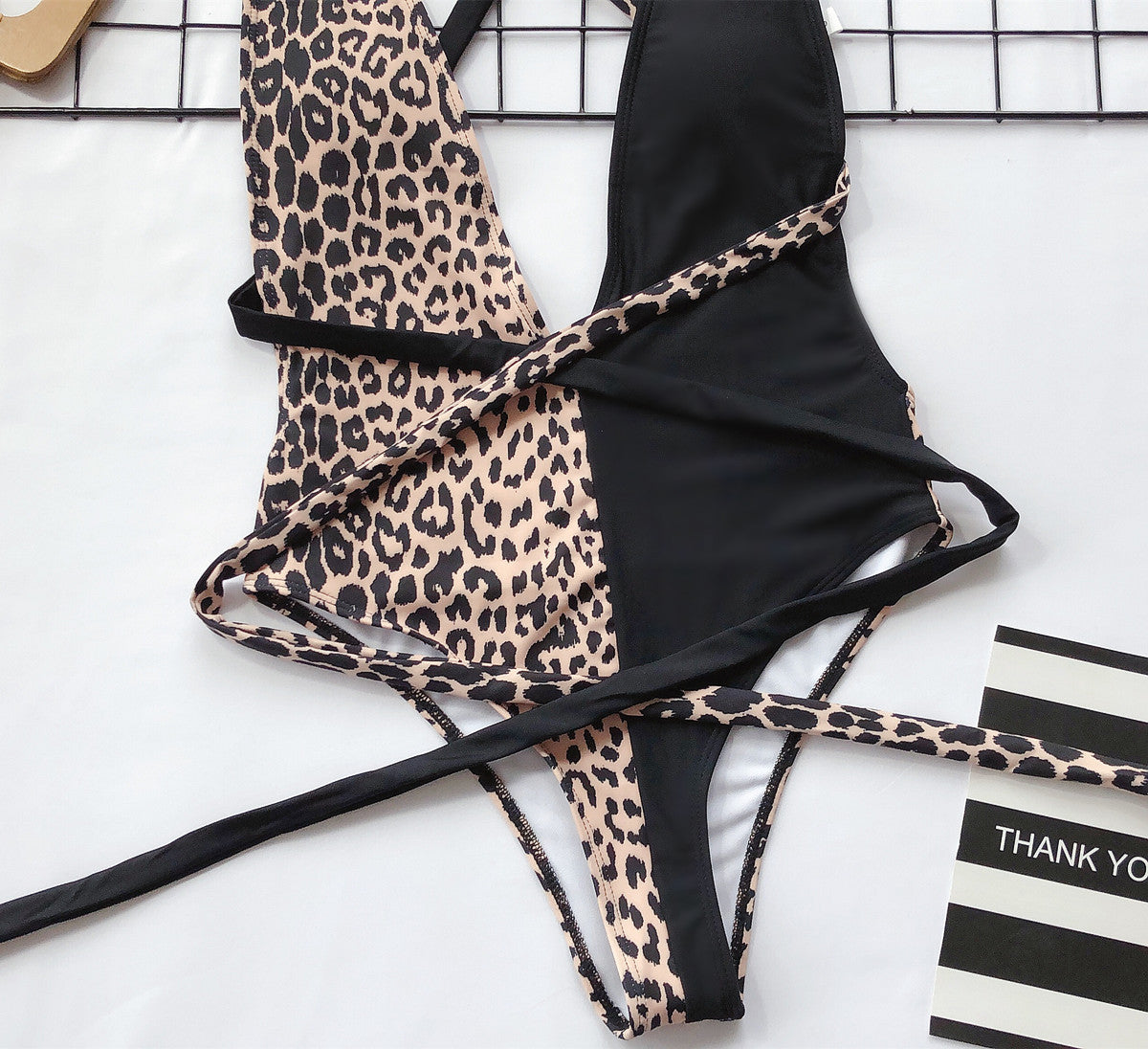 European and American new bikini aliexpress ebay one-piece bikini bikini leopard print hollow strap one-piece swimsuit