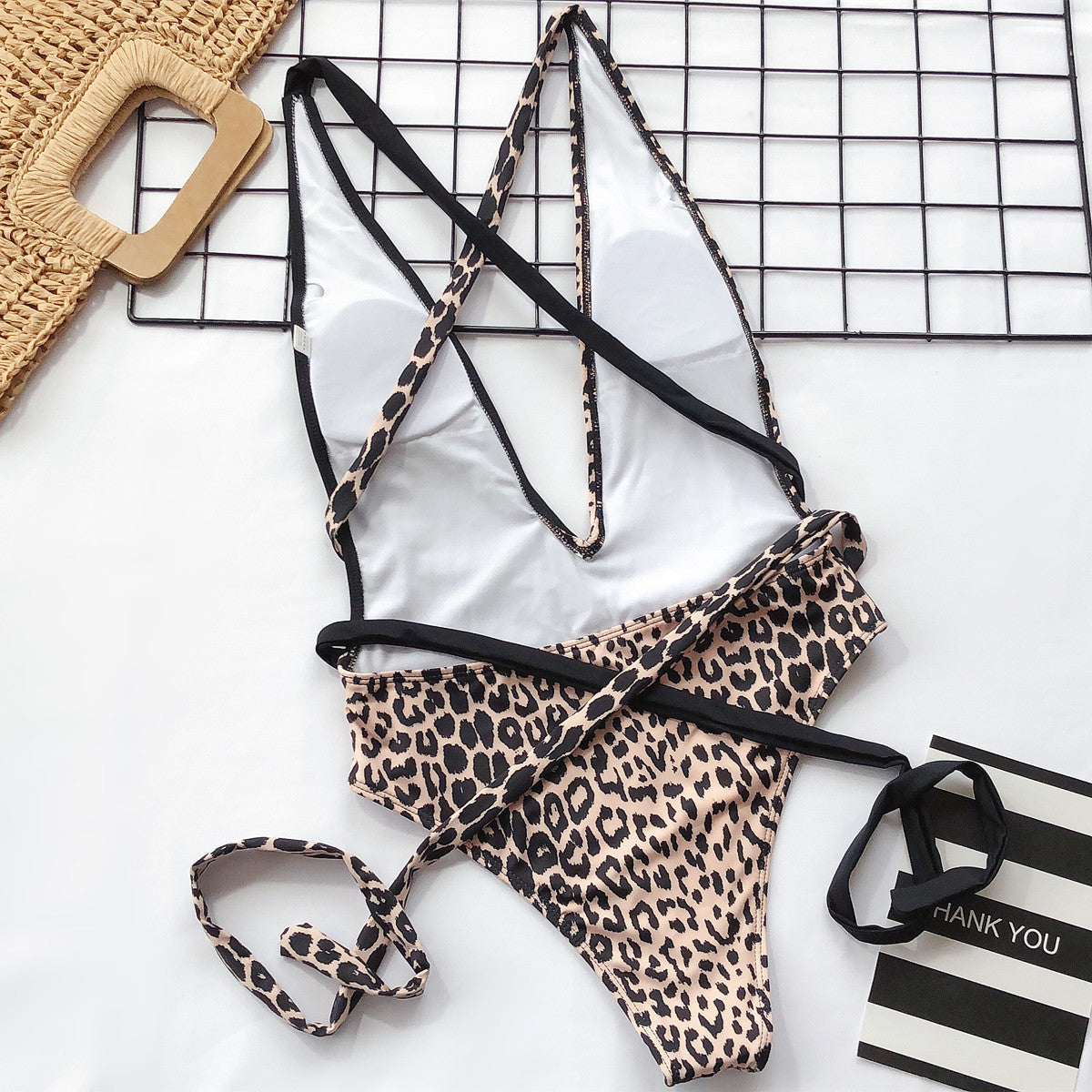 European and American new bikini aliexpress ebay one-piece bikini bikini leopard print hollow strap one-piece swimsuit