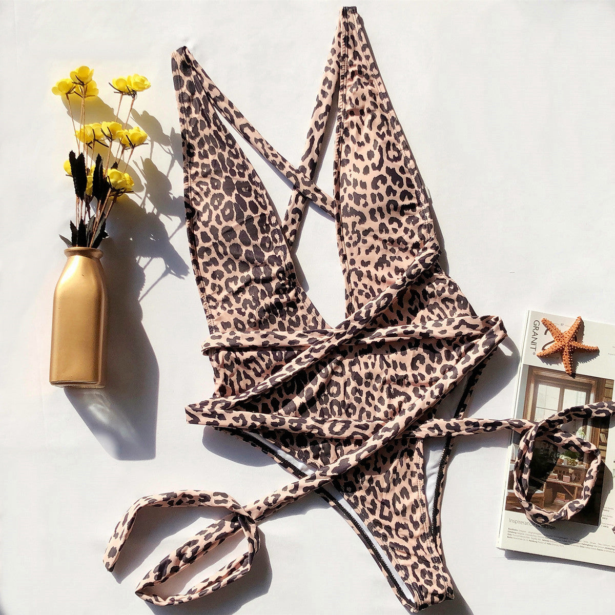 European and American new bikini aliexpress ebay one-piece bikini bikini leopard print hollow strap one-piece swimsuit