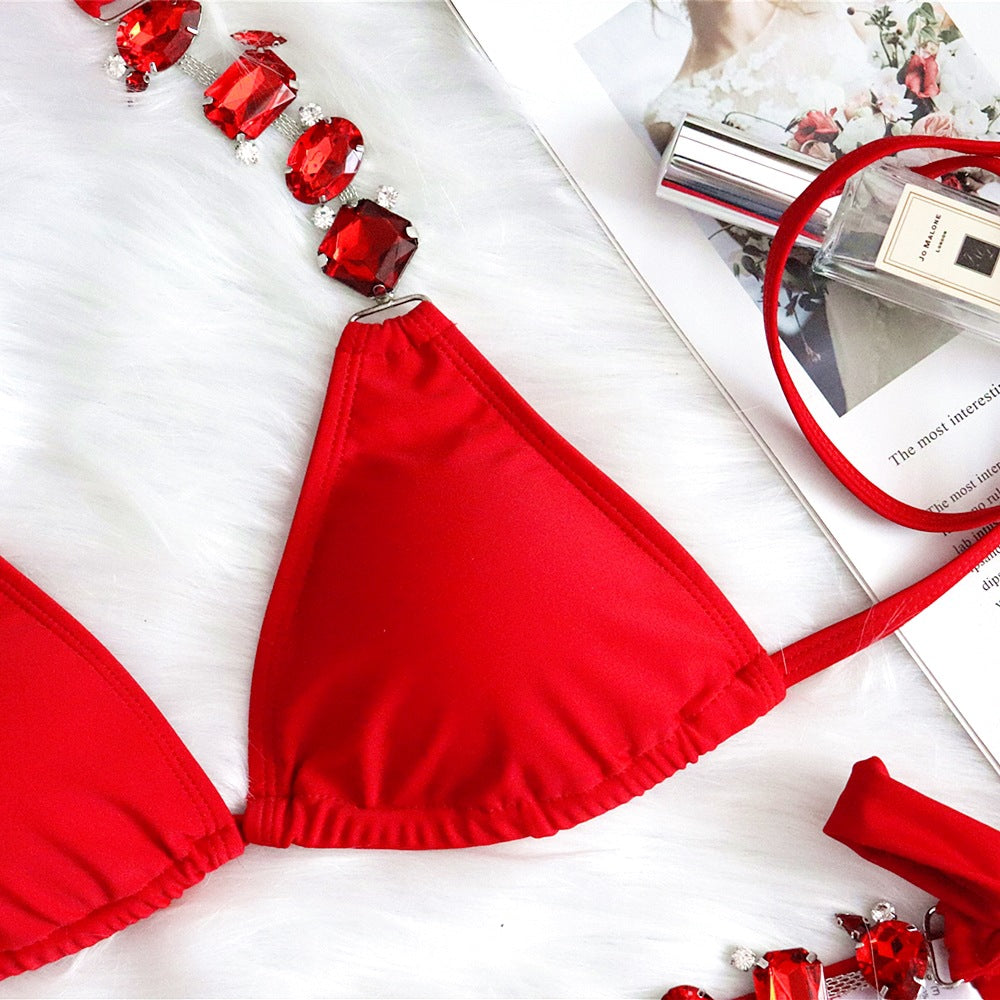 2025 Sexy bikini plain female split strap luxury diamond swimsuit metal chain accessories swimsuit