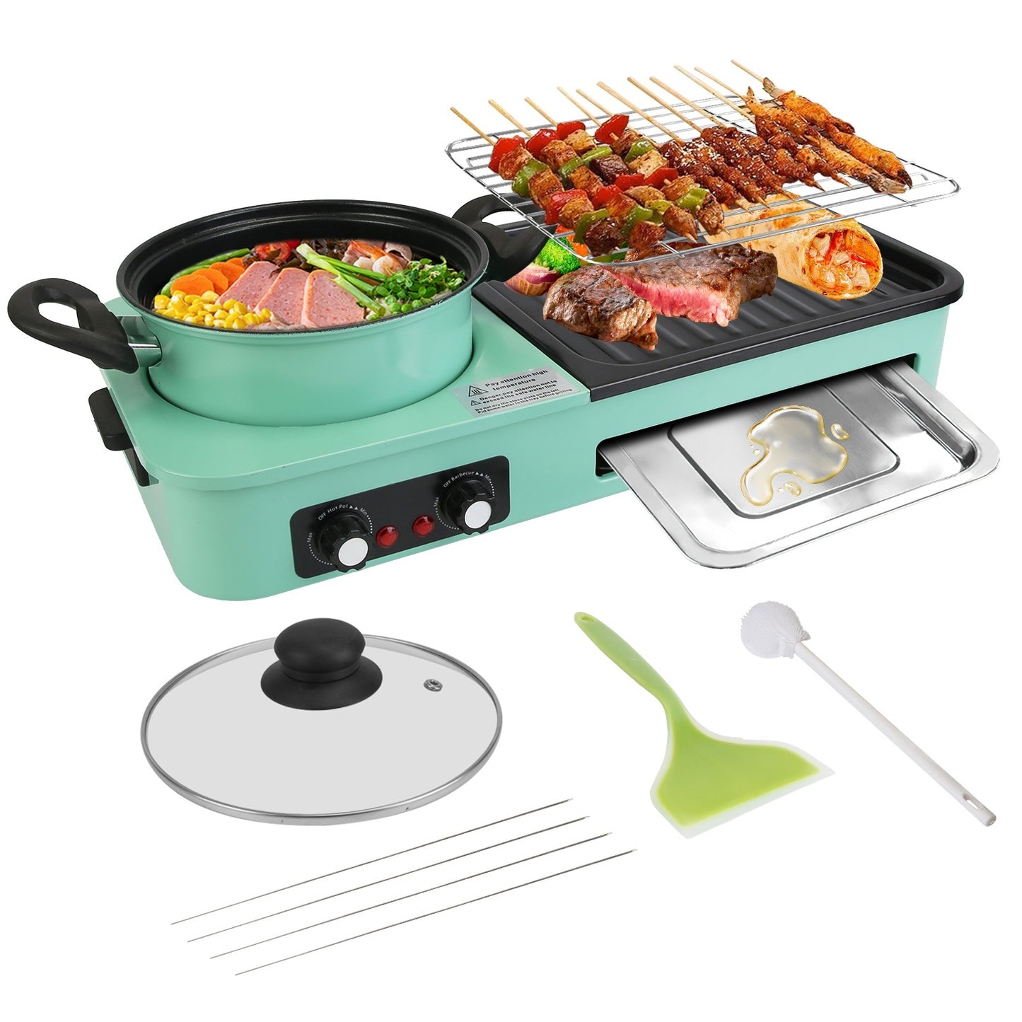 1Pc 3 In 1 Electric Hot Pot With Grill 1600W Smokeless Non-Stick Korean BBQ Grill Shabu Shabu Hot Pot Combo With Independent Temperature Control For 3-5 People Fedex Shipping