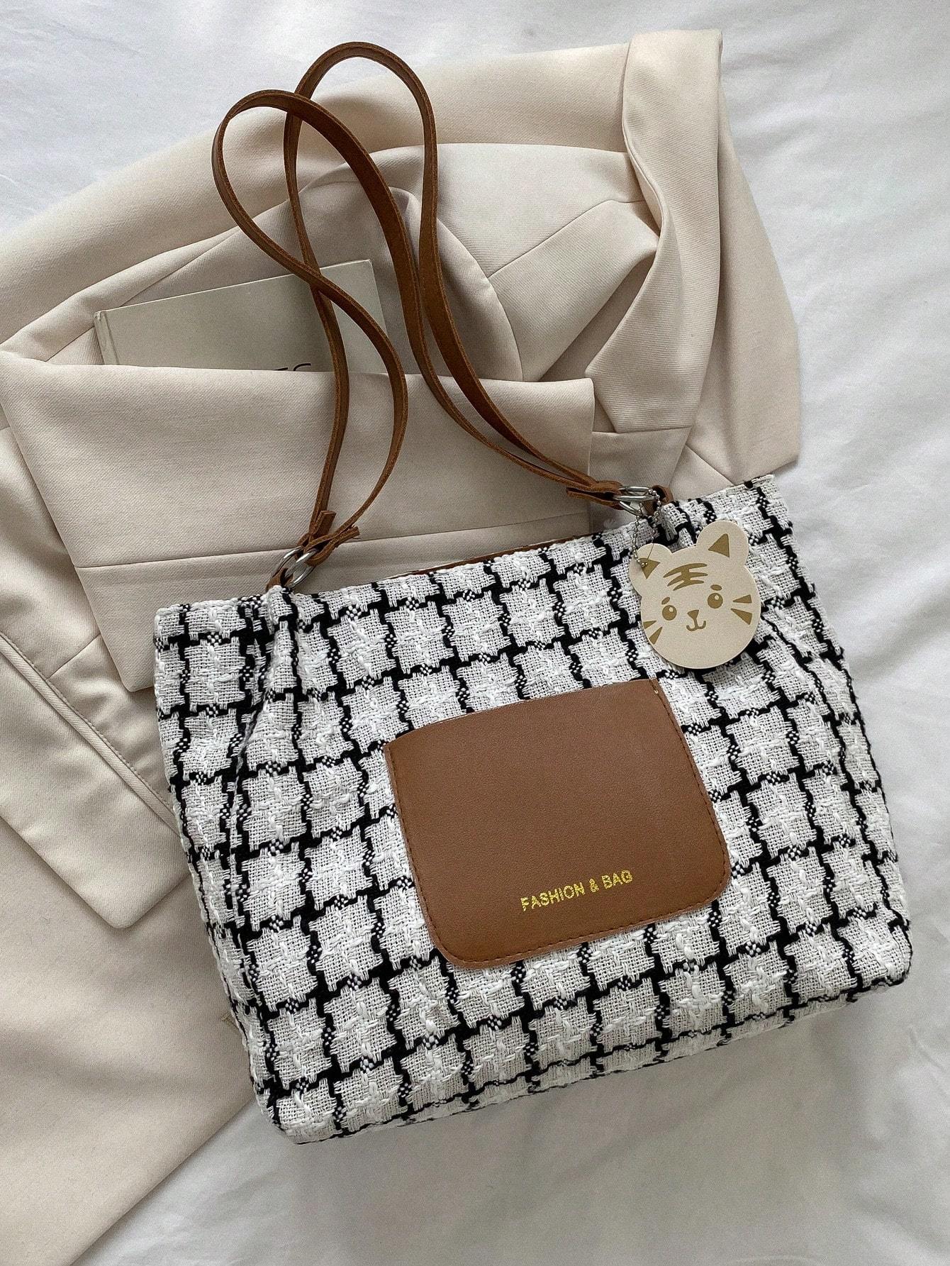 Plaid Shoulder Bag For Women, Large Capacity, Fashionable Commuting Plaid Casual Tote Bag With Pendant