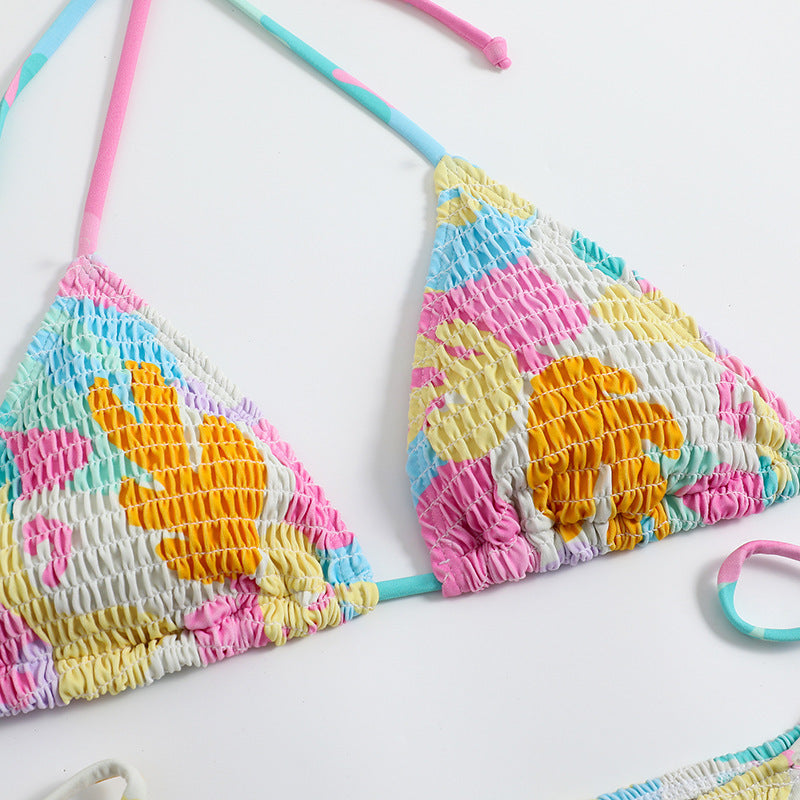 Triangle Bag Bikini Women's Split Printed Smocking Craft Swimming Suit