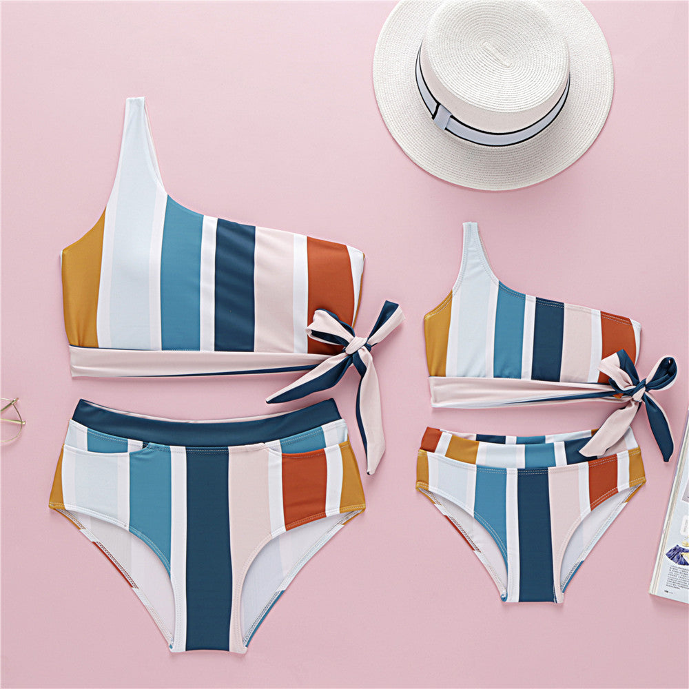 One-shoulder striped parent-child bikini
