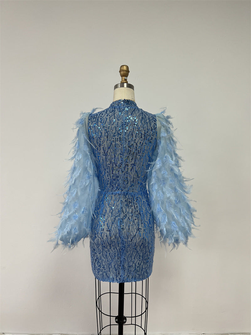 Hollow Gorgeous Feather Sleeve Blue Sequins Dress Light Luxury
