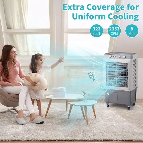 3 In 1 Portable Evaporative Cooler,Indoor,Outdoor,2353CFM Personal Air Cooler,7.9 Gal Large Water Tank & Scroll Casters, 4 Ice Packs,White, Manual Control