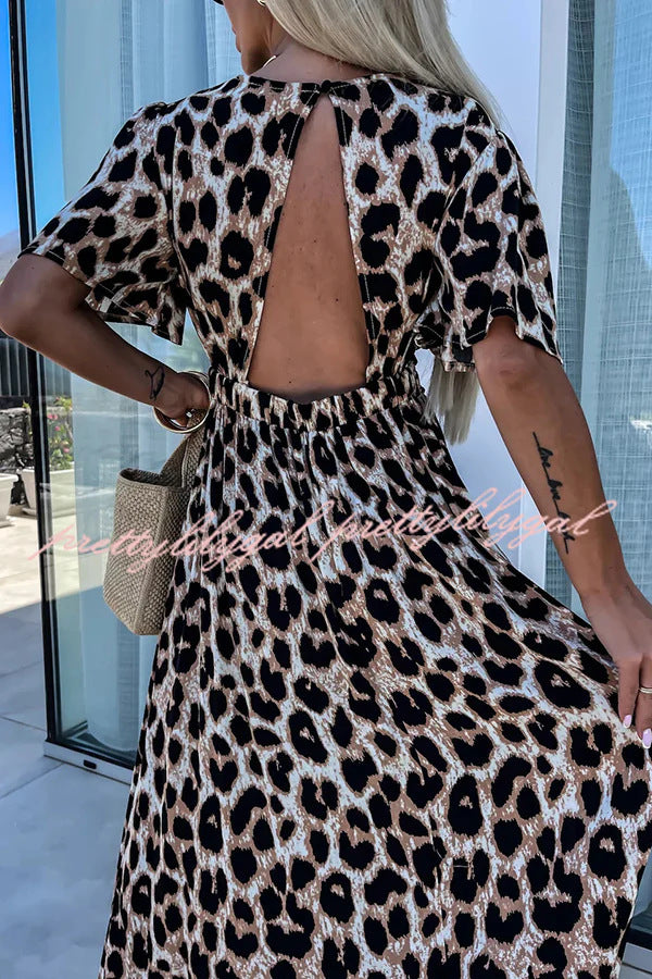 Spring Leopard Print Short Sleeve V-neck Elastic Slit Long