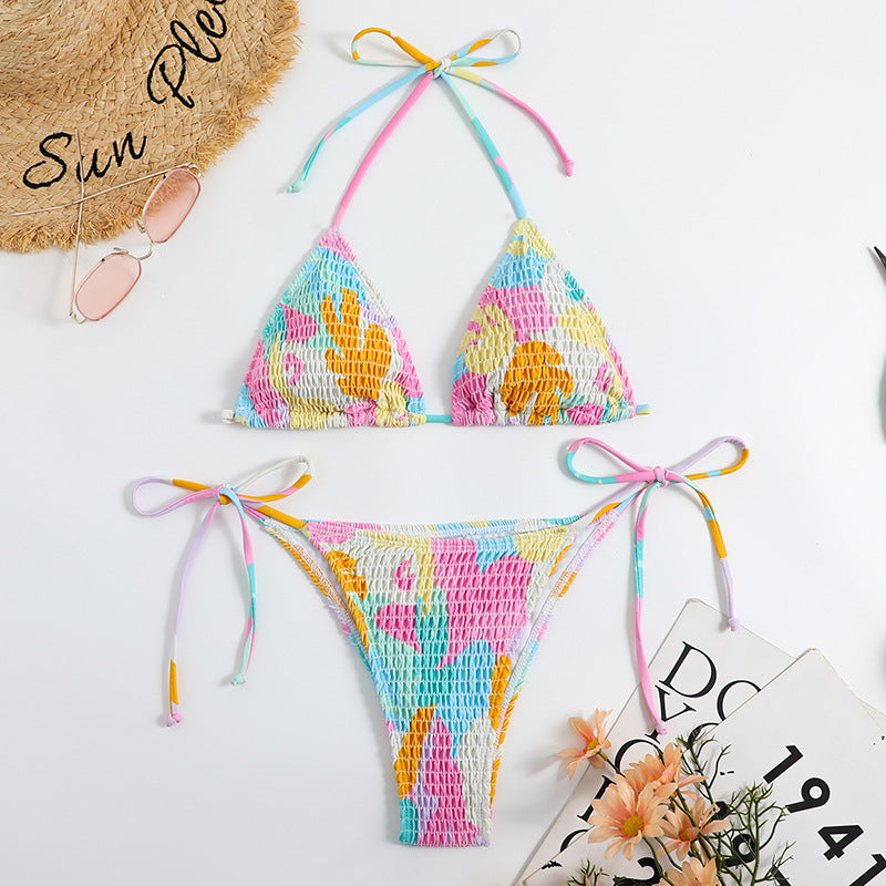 Triangle Bag Bikini Women's Split Printed Smocking Craft Swimming Suit
