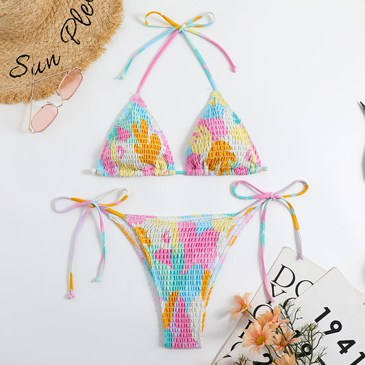 Triangle Bag Bikini Women's Split Printed Smocking Craft Swimming Suit