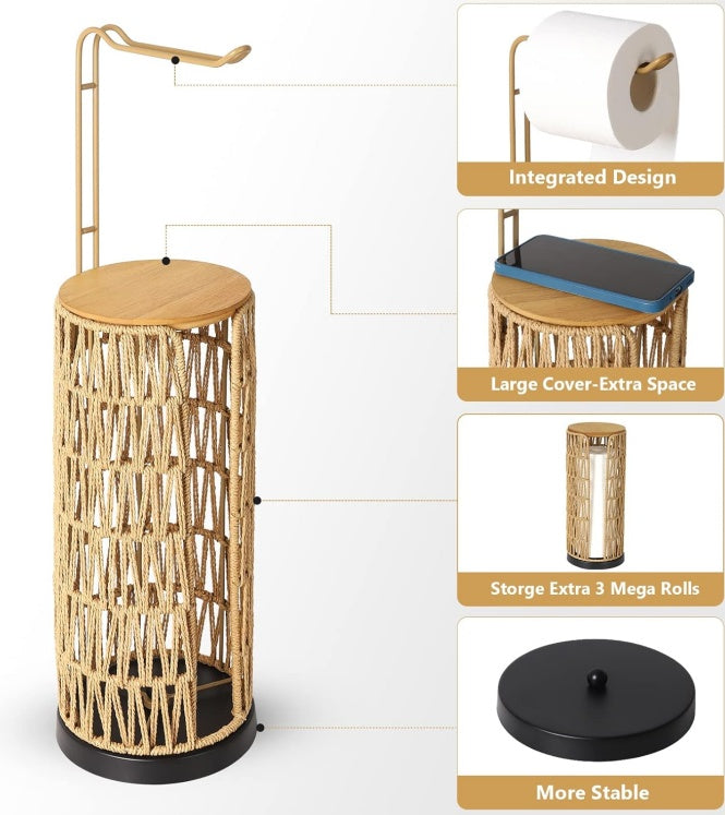 Freestanding Toilet Paper Holder With Storage,3 Rolls Of Tissue Holder For Bathroom,Handmade Woven Toilet Paper Roll Holder Stand