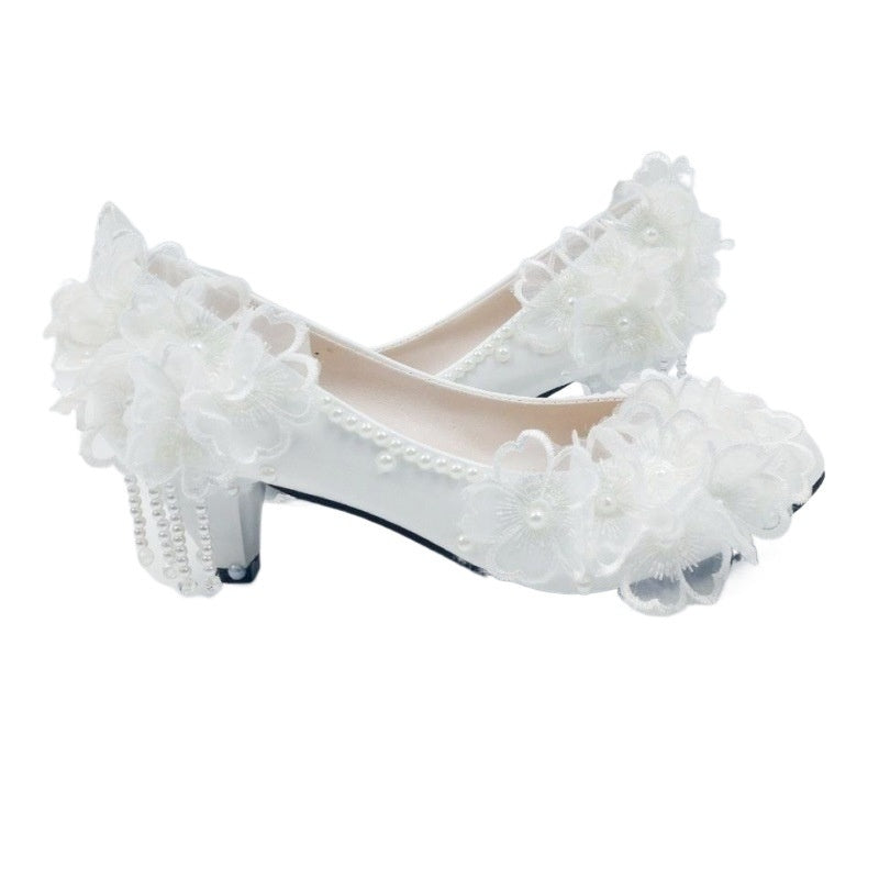Lace High-heeled Shoes Korean Style, Flower Rhinestone Tassel Bride