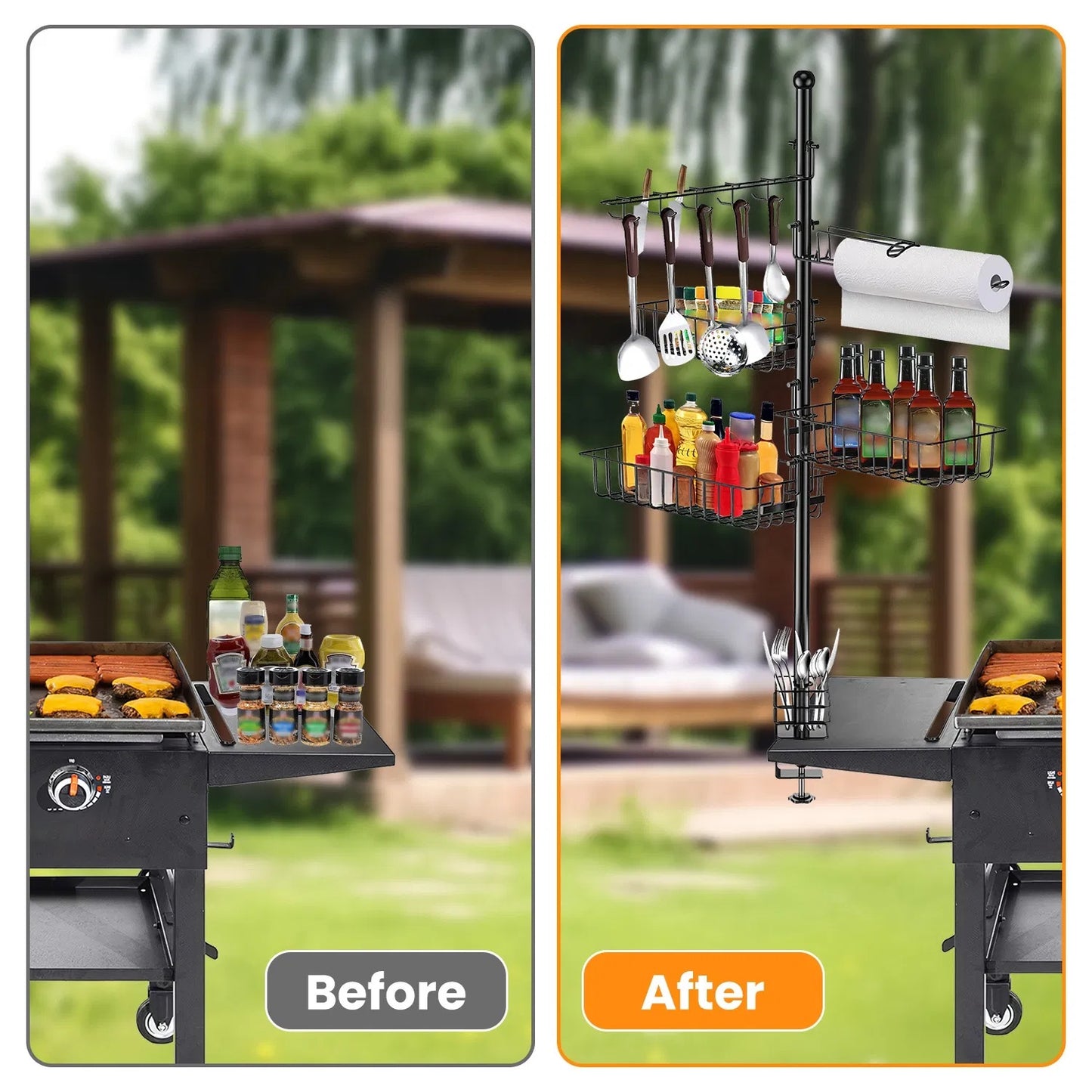 Griddle Caddy Standing Grill Utensil Caddy With Paper Towel Holder Hook Baskets BBQ Accessories Storage Rack Vertical Standing BBQ Organizer Grill Utensil Storage Fit For Blackstone Griddle