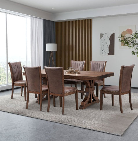 Rectangular Rubber Wood Dining Table For 6 With Wooden Trestle Pedestal Base,Mid Century Modern Kitchen Wooden Table Dinner Table For Dining Room, Living Room,OAK