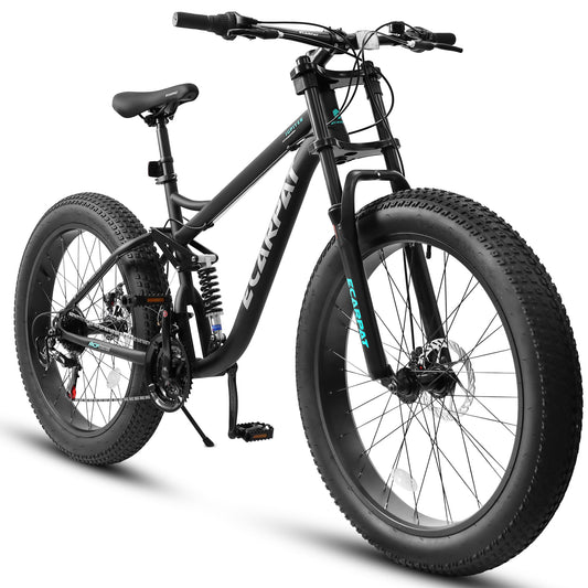 A26309 26 Inch Mountain Bike,Full-Suspension 21 Speeds Drivetrain With Disc-Brake Bicycle, Fat Tire Bike For Men