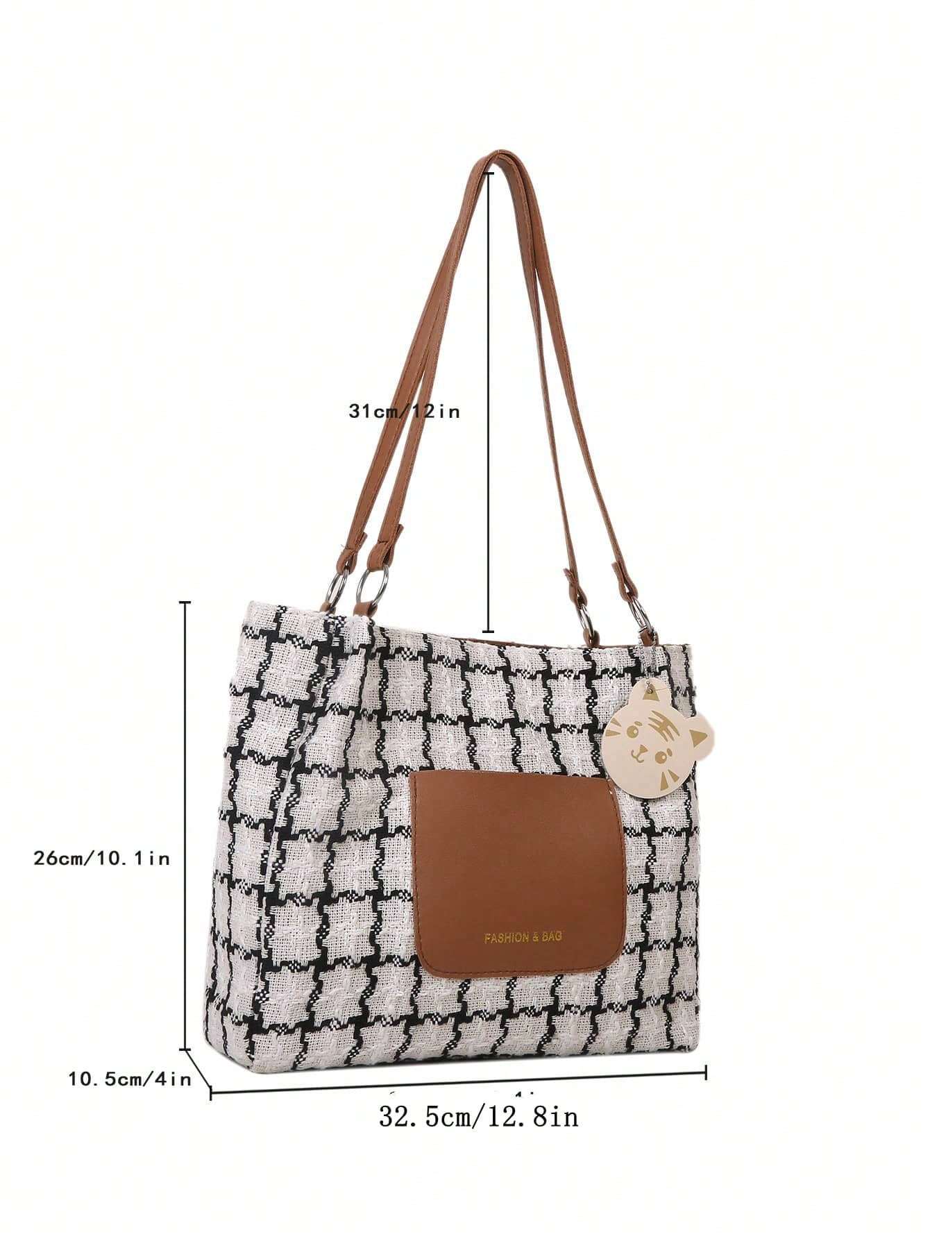 Plaid Shoulder Bag For Women, Large Capacity, Fashionable Commuting Plaid Casual Tote Bag With Pendant