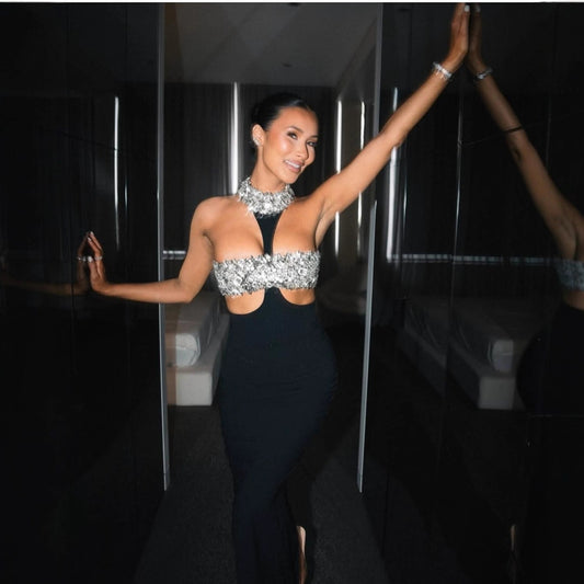 Luxury Rhinestone Fashion Halter Sexy Cutout Black Bandage One-piece Dress