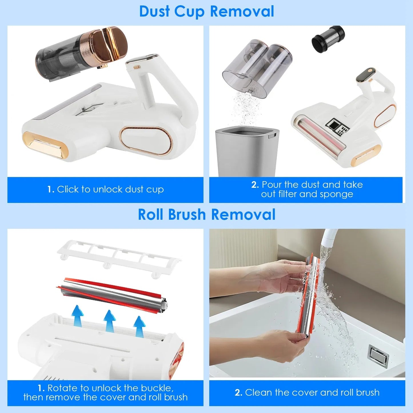 1Pc Mattress Vacuum Cleaner 16Kpa Bed Vacuum Cleaner Handheld Vacuums With Ultrasonic & UVC Light 18000 RPM Brushroll Rotation Dual Dust Bins Washable Filters For Bed Pillows Cribs Sofa