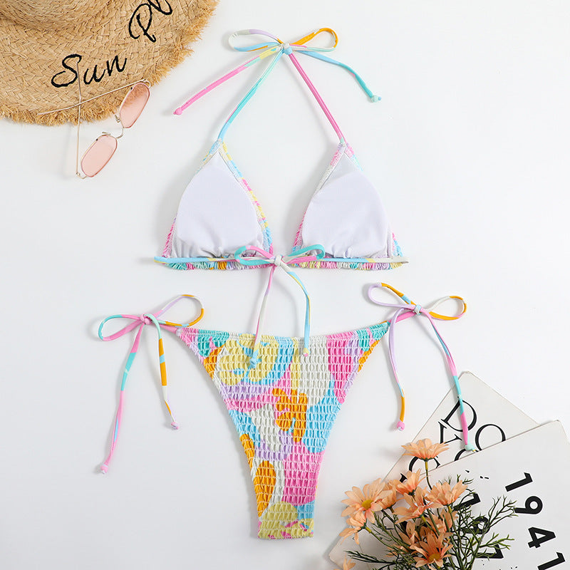 Triangle Bag Bikini Women's Split Printed Smocking Craft Swimming Suit