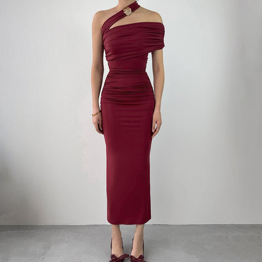 Slant Shoulder Waist Dress Women's Slim-fit Halter Women