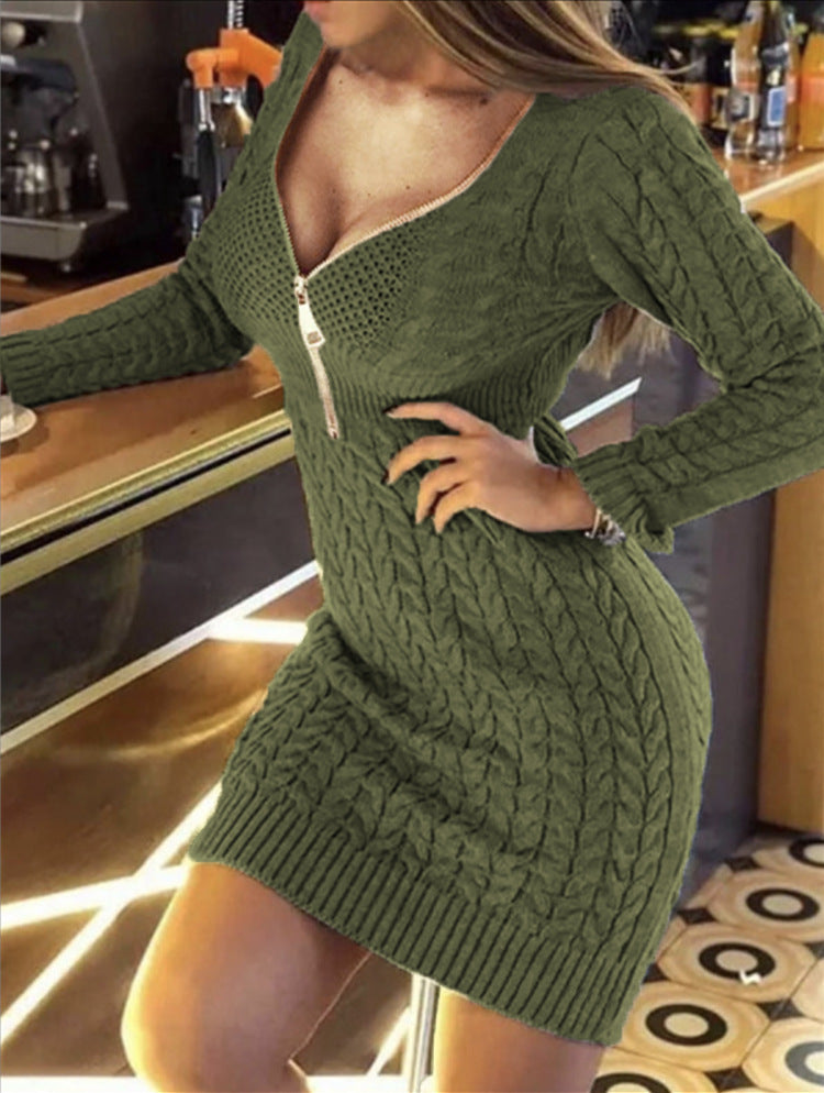 Mid-length Half Zipper V-neck Slimming Dress Sweater