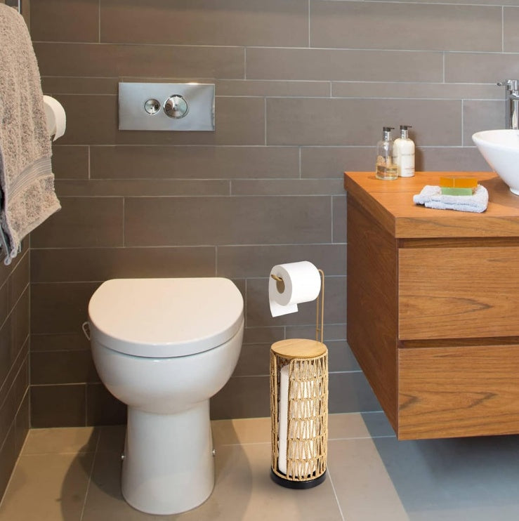 Freestanding Toilet Paper Holder With Storage,3 Rolls Of Tissue Holder For Bathroom,Handmade Woven Toilet Paper Roll Holder Stand