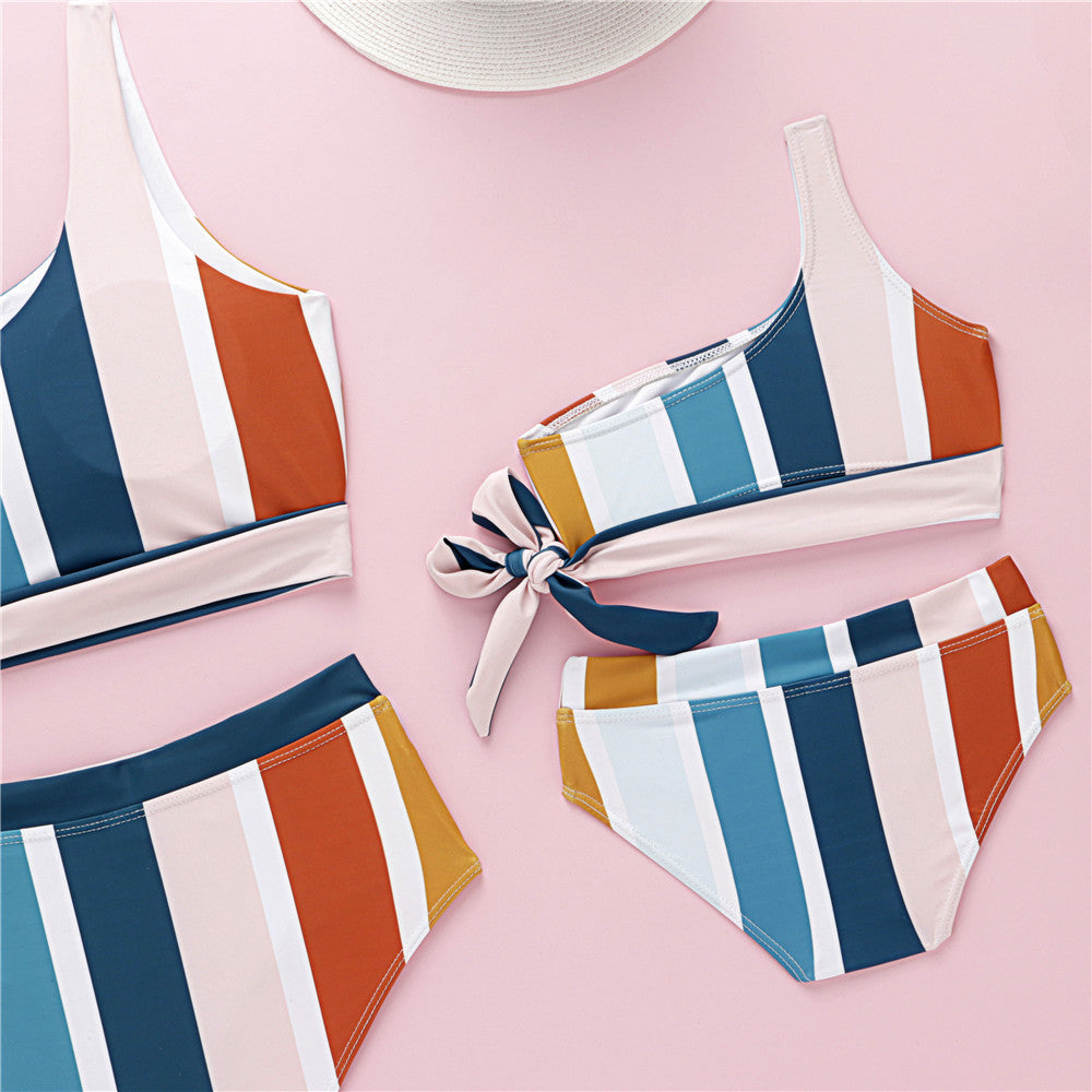 One-shoulder striped parent-child bikini