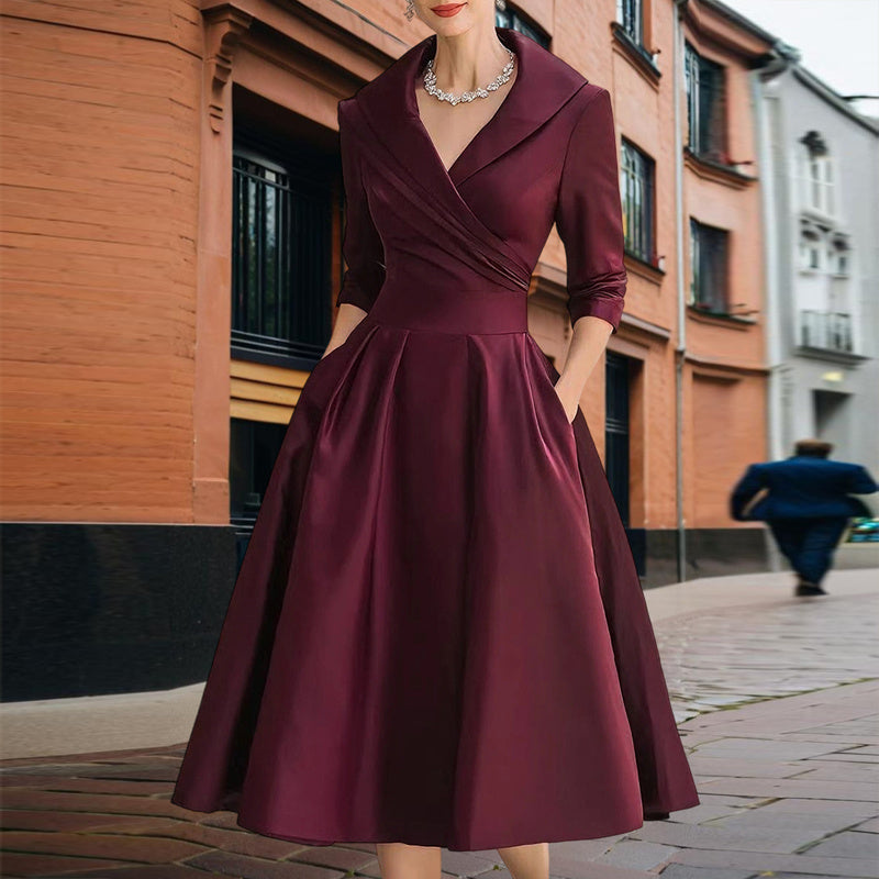 Women's Elegant Solid Cross V-Neck Midi Dress With Flared Skirt And Pockets Spring Summer Formal Dress