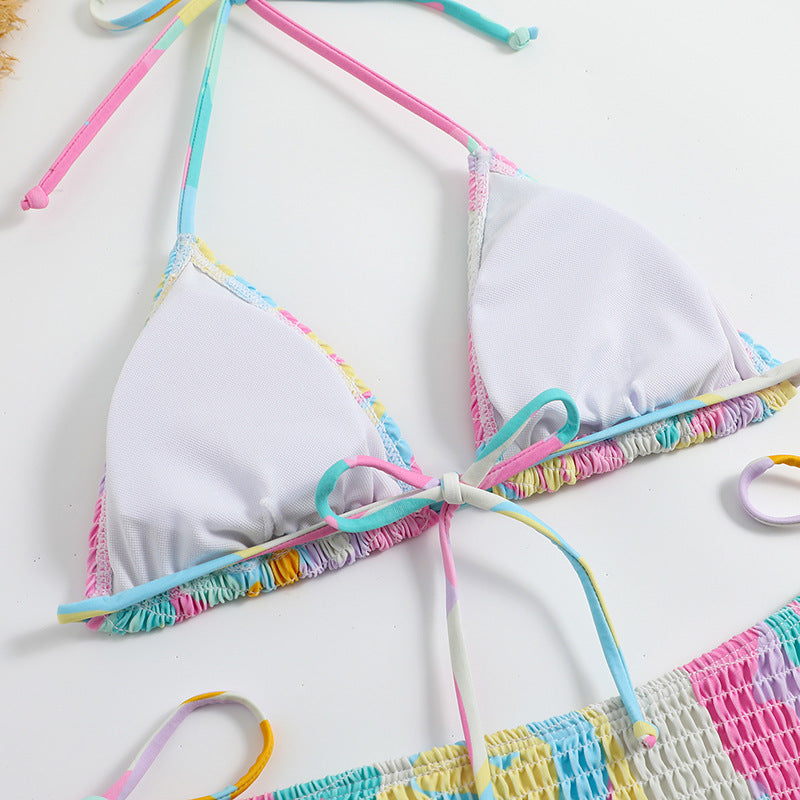 Triangle Bag Bikini Women's Split Printed Smocking Craft Swimming Suit