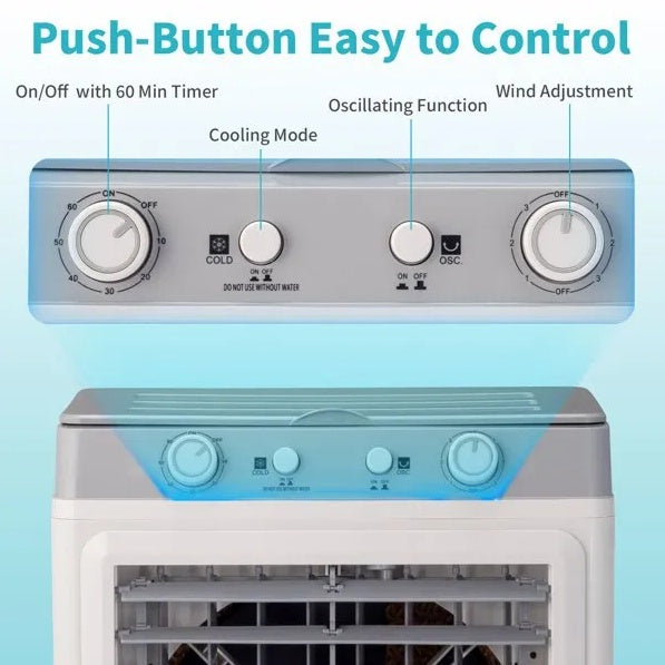 3 In 1 Portable Evaporative Cooler,Indoor,Outdoor,2353CFM Personal Air Cooler,7.9 Gal Large Water Tank & Scroll Casters, 4 Ice Packs,White, Manual Control