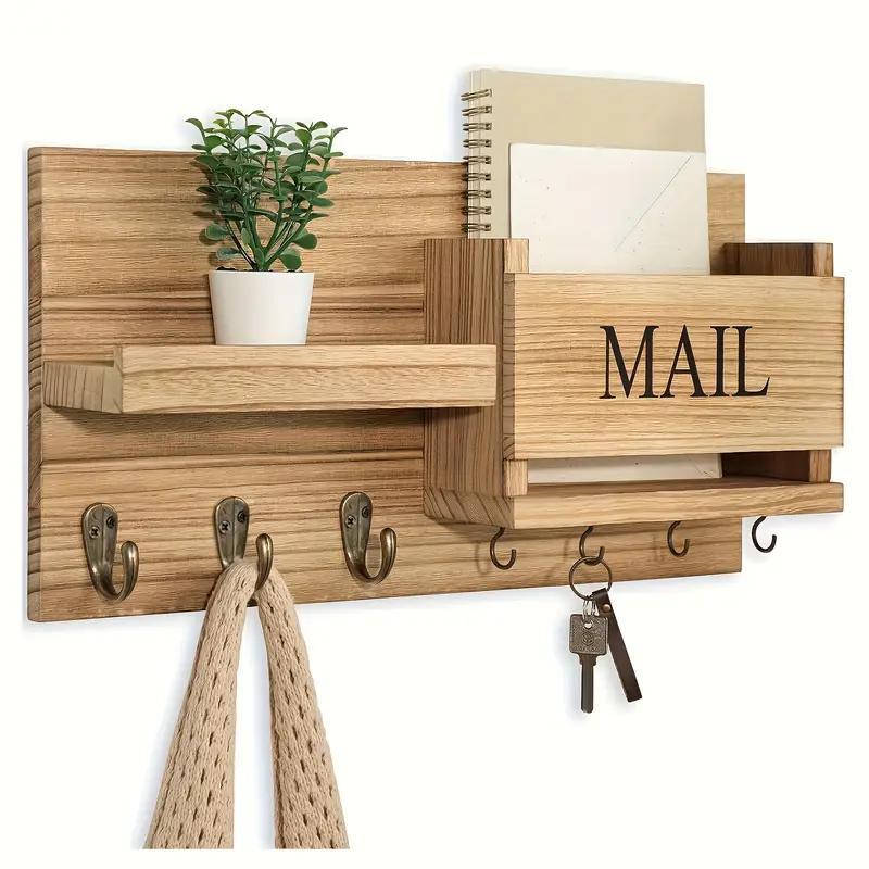Simple Wooden Wall Mounted Keychain Mail Storage Rack Farmhouse Style Decorative Floating Shelves For Entry Bedroom Bathroom Living Room