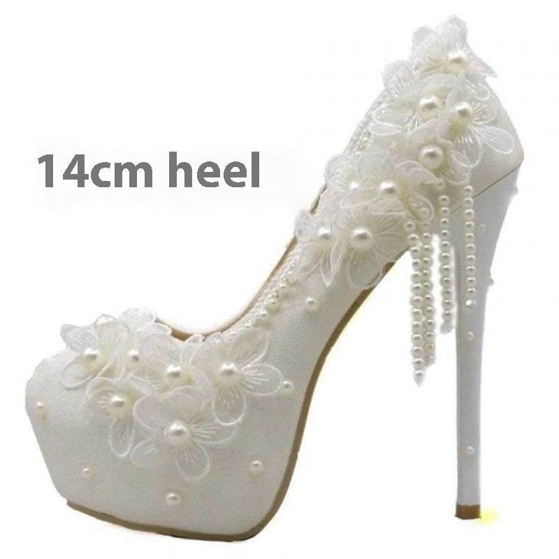 Lace High-heeled Shoes Korean Style, Flower Rhinestone Tassel Bride