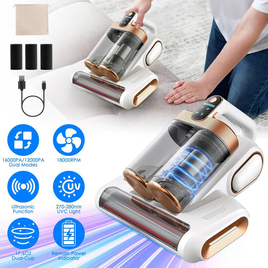 1Pc Mattress Vacuum Cleaner 16Kpa Bed Vacuum Cleaner Handheld Vacuums With Ultrasonic & UVC Light 18000 RPM Brushroll Rotation Dual Dust Bins Washable Filters For Bed Pillows Cribs Sofa