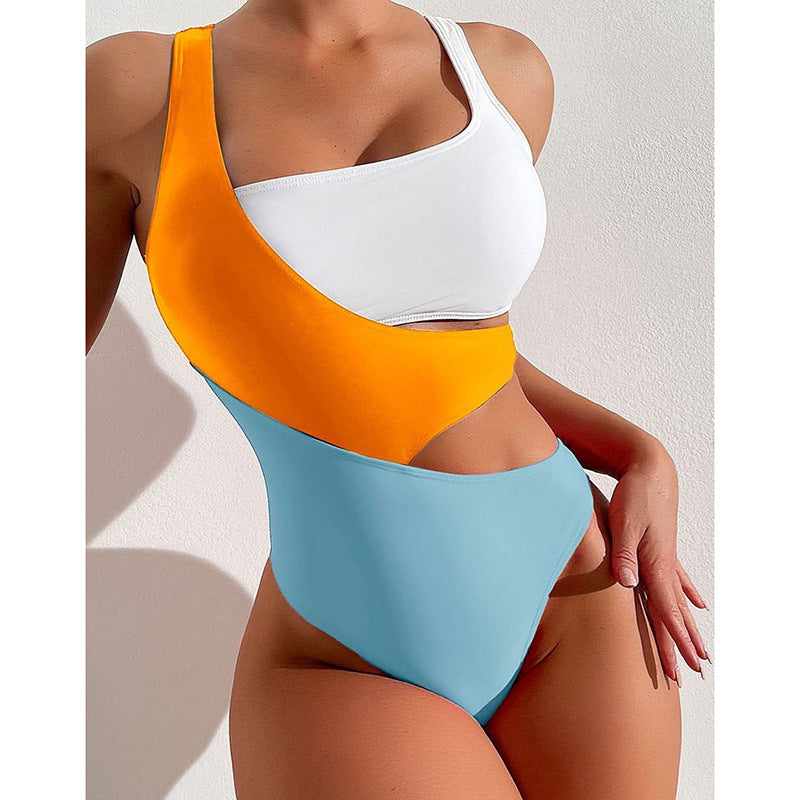2025 new European and American sexy contrast color one-piece swimsuit female ins style conservative bikini hot spring swimming suit wholesale