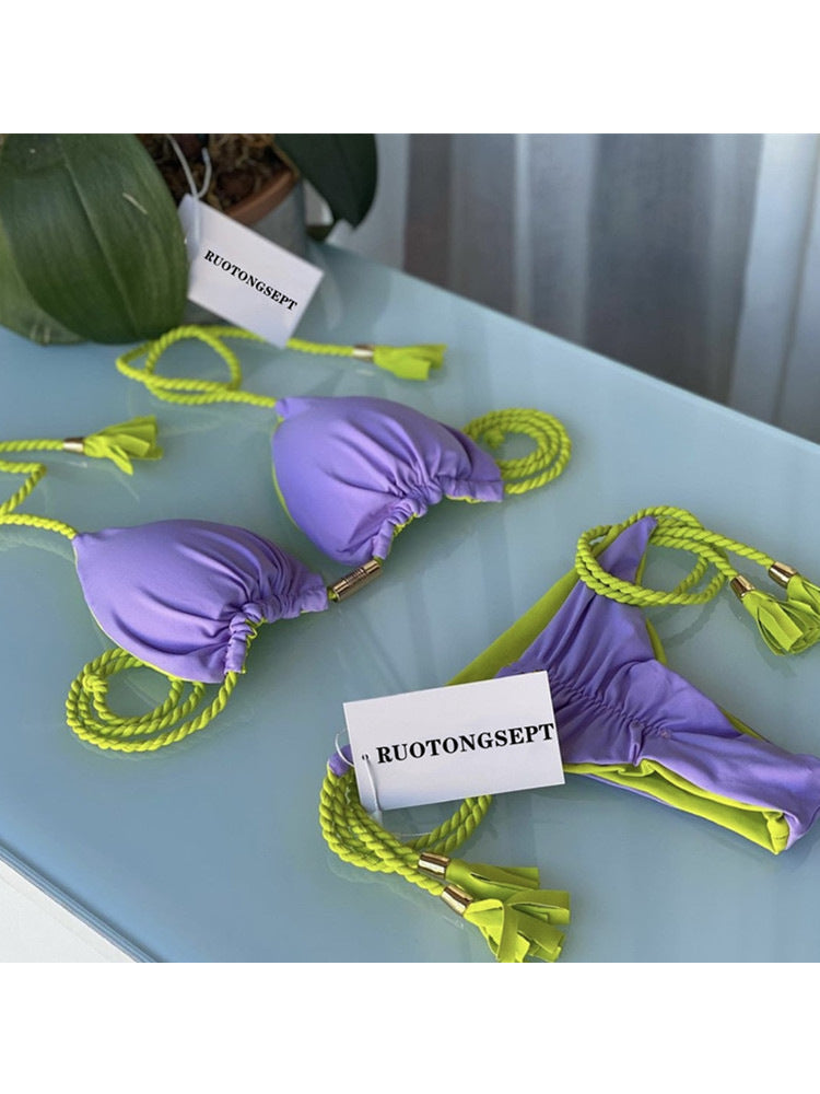 2025 European and American foreign trade swimsuit new sexy triangle bikini female split solid color sexy multi-color braided bikini