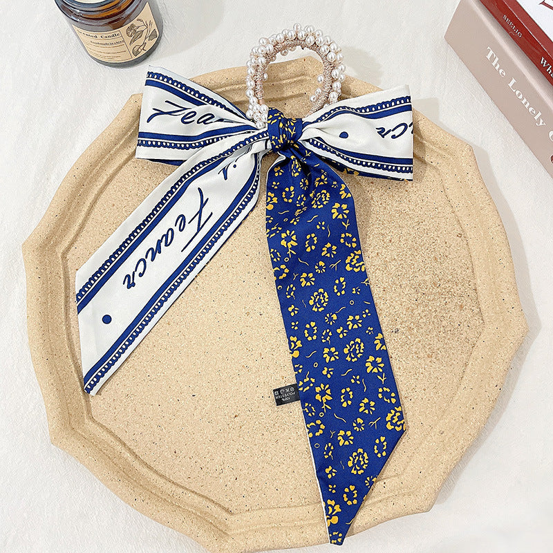 Pearl scarf headband female hair ring streamer net celebrity 2021 new summer thin hair tie ribbon headdress hair rope