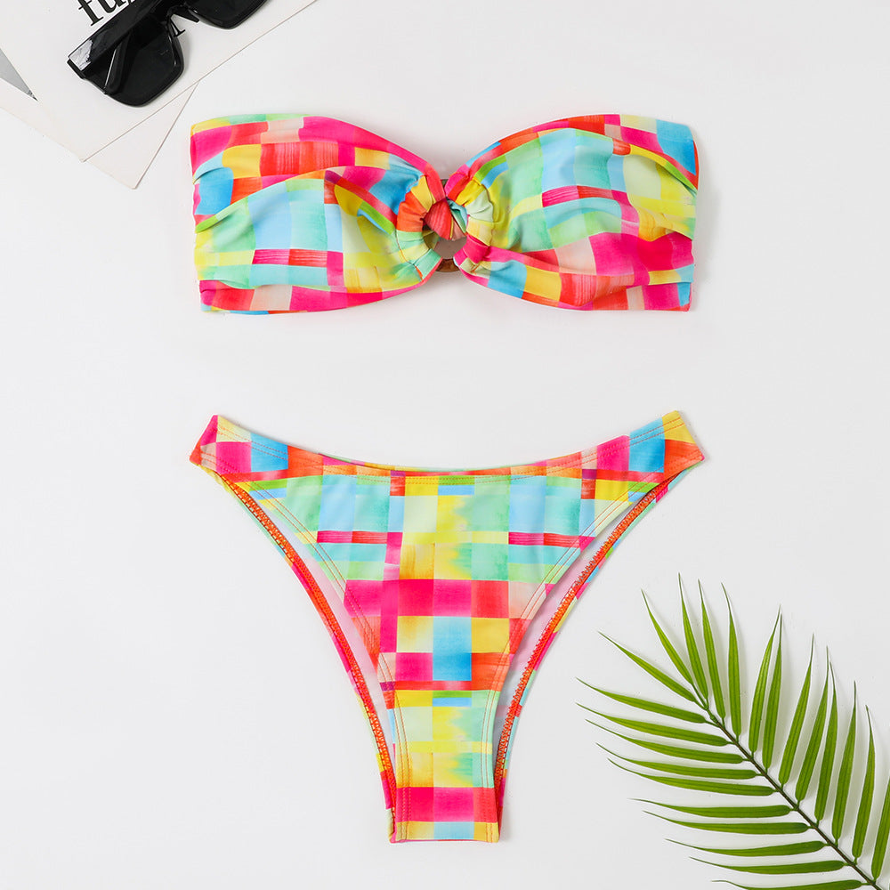 2025 swimsuit women's European and American foreign trade split bikini retro sexy tube top printed bikini cross-border wholesale