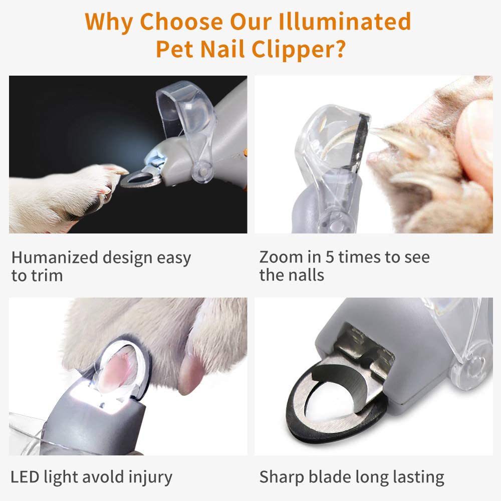 مقص أظافر Peti، مقص أظافر مضاء LED للحيوانات الأليفة، مقص تنظيف للقطط والكلاب، مقص أظافر مضيء