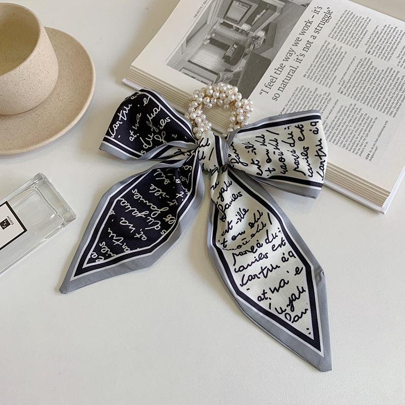 Pearl scarf headband female hair ring streamer net celebrity 2021 new summer thin hair tie ribbon headdress hair rope