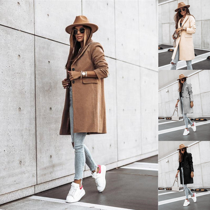 2021 independent station wish Amazon cross-border autumn and winter simple long-sleeved button woolen coat coat women's clothing