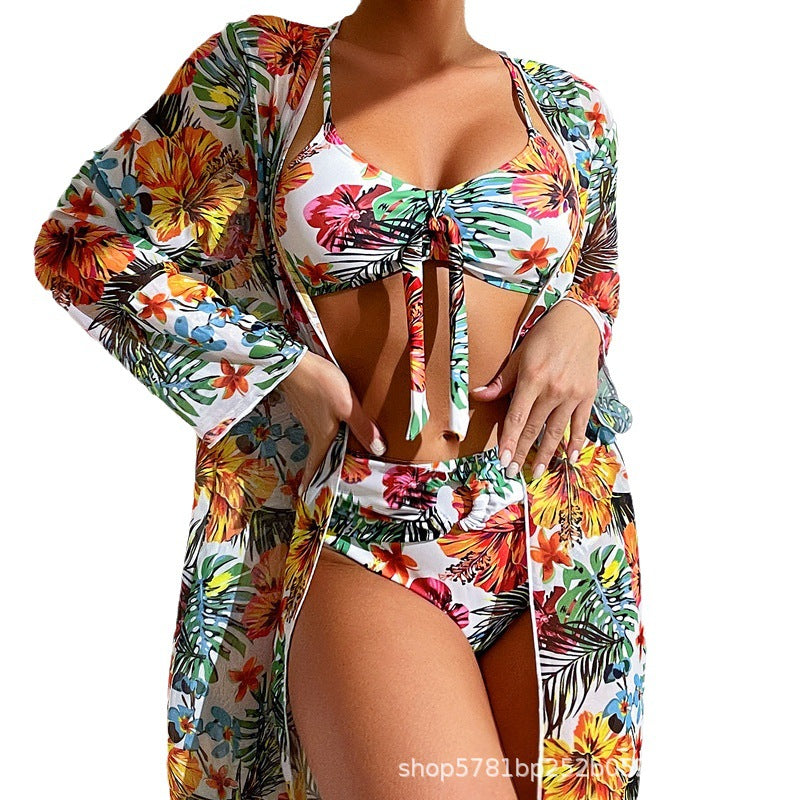 Xinyu swimsuit long-sleeved cover-up split three-piece set printed sexy swimsuit women's bikini new bikini