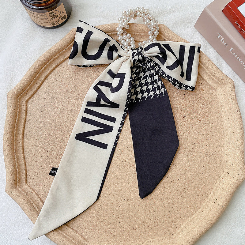 Pearl scarf headband female hair ring streamer net celebrity 2021 new summer thin hair tie ribbon headdress hair rope