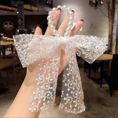 Pearl scarf headband female hair ring streamer net celebrity 2021 new summer thin hair tie ribbon headdress hair rope