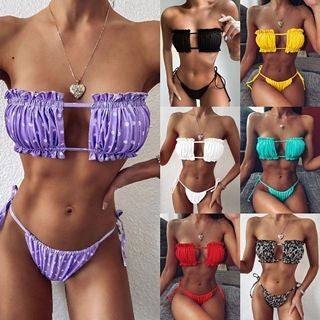European and American new ladies swimsuit sexy pleated hollow bikini foreign trade bikini swimwear lace-up swimsuit